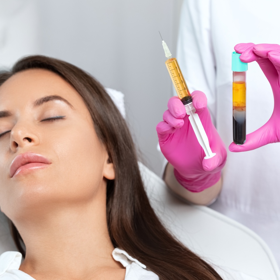 Beautician will do PRP therapy for the face against wrinkles. She has blood plasma for injections and a syringe with plasma in her test tube. Cosmetology in the beauty salon.