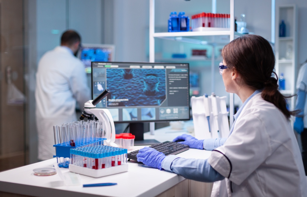 Science researcher in biochemist technology working in professional laboratory. Chemistry research technology in science medicine lab developing and stying new type of vaccine