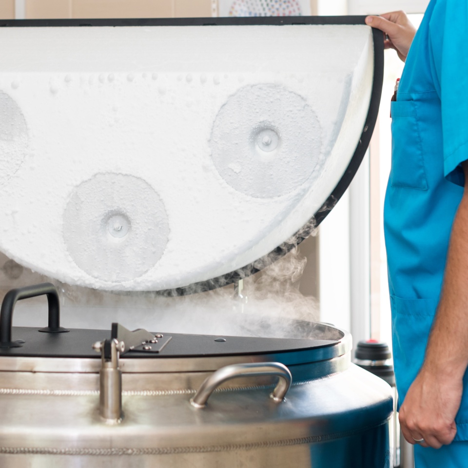 Embryologists with liquid Nitrogen bank containing sperm and eggs samples. High tech laboratory equipment used in the in vitro fertilization process. IVF treatment. Artificial insemination clinic
