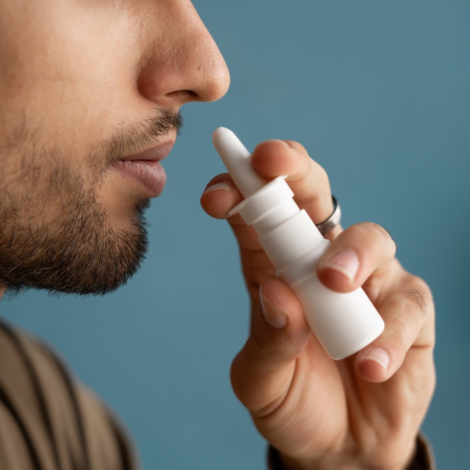 Close-up of young arabic man spraying drops in nose. Copy space