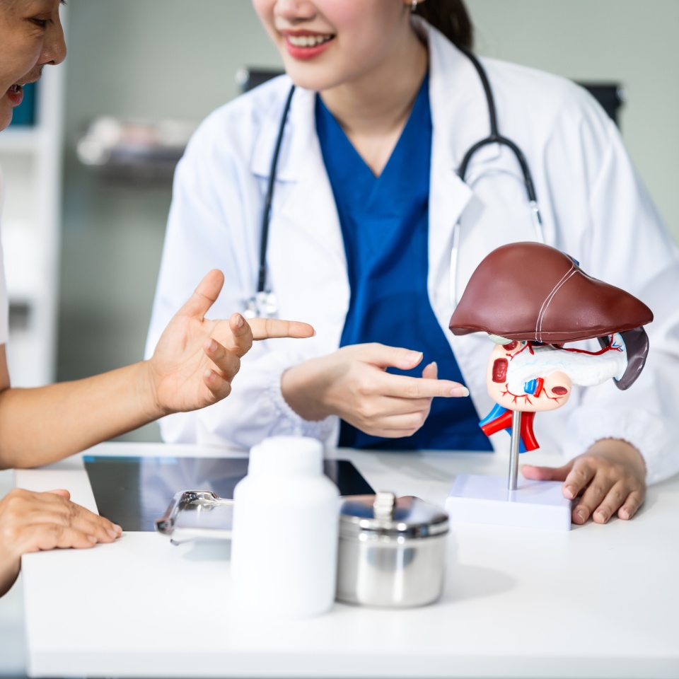 A young female nurse works at a desk, discussing liver-related conditions with a grey-haired Asian mature woman, including liver disease, hepatitis, cirrhosis, and liver cancer.
