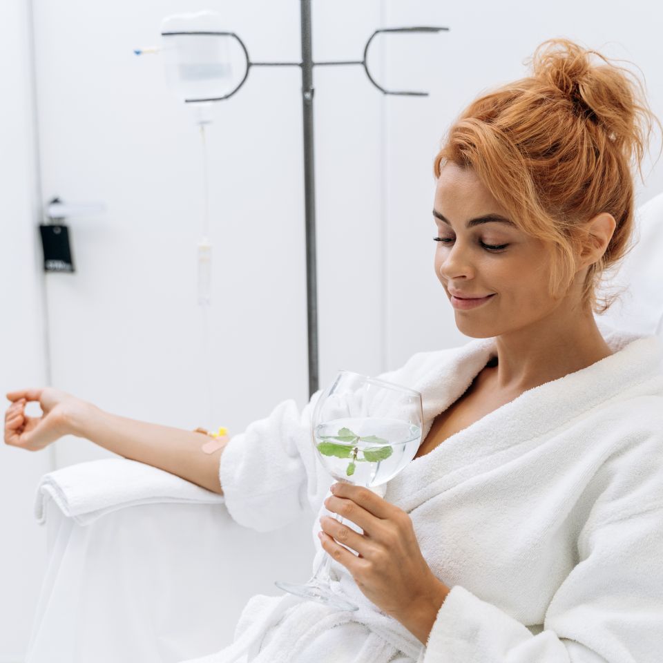A woman in a white robe sits in a medical chair receiving an IV drip, holding a glass of water with mint leaves, and appears relaxed in a clinical setting.