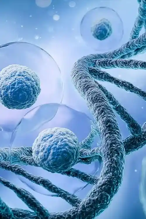 A close-up illustration of DNA double helices and cells, depicting molecular structures in a blue-toned, biological environment.